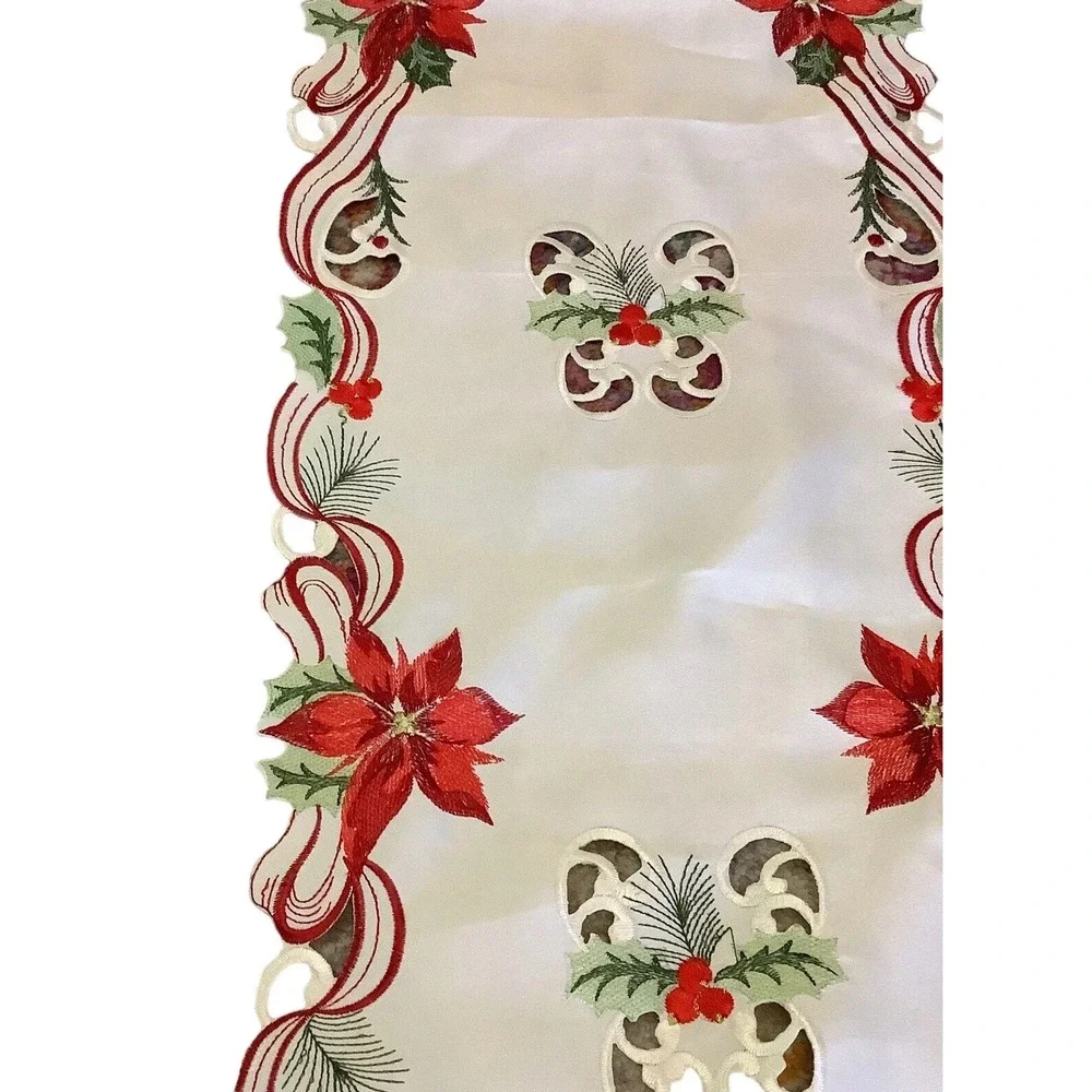 Christmas Table Runner 67x13 Poinsettia Holly Embroidered Cutwork Ivory Red